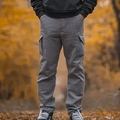 Online OUKU Men's Fleece Pants Sweatpants Joggers Trousers Cargo Sweatpants Drawstring Elastic Waist Multi Pocket Plain Comfort Breathable Full Length Casual Daily Holiday Sports Fashion Black Navy Blue