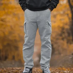 Online OUKU Men's Fleece Pants Sweatpants Joggers Trousers Cargo Sweatpants Drawstring Elastic Waist Multi Pocket Plain Comfort Breathable Full Length Casual Daily Holiday Sports Fashion Black Navy Blue