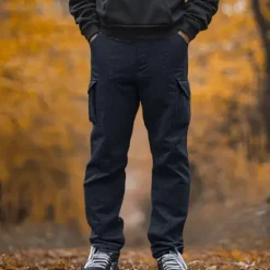 Online OUKU Men's Fleece Pants Sweatpants Joggers Trousers Cargo Sweatpants Drawstring Elastic Waist Multi Pocket Plain Comfort Breathable Full Length Casual Daily Holiday Sports Fashion Black Navy Blue