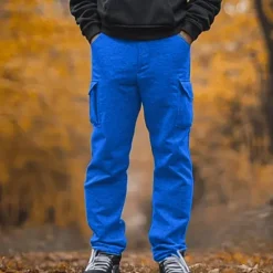 Online OUKU Men's Fleece Pants Sweatpants Joggers Trousers Cargo Sweatpants Drawstring Elastic Waist Multi Pocket Plain Comfort Breathable Full Length Casual Daily Holiday Sports Fashion Black Navy Blue