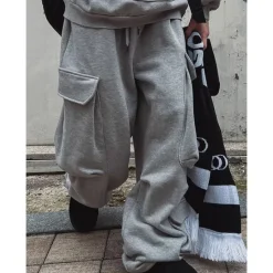 Hot OUKU Men's Fleece Pants Sweatpants Joggers Trousers Cargo Sweatpants Drawstring Elastic Waist Multi Pocket Plain Comfort Warm Full Length Outdoor Casual Daily Sports Fashion Black Light Grey