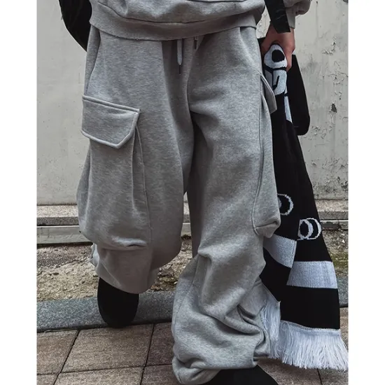 Hot OUKU Men's Fleece Pants Sweatpants Joggers Trousers Cargo Sweatpants Drawstring Elastic Waist Multi Pocket Plain Comfort Warm Full Length Outdoor Casual Daily Sports Fashion Black Light Grey