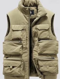 Sale OUKU Men's Fleece Vest Outdoor Vest Fishing Vest Daily Date Vacation Fashion Casual Fall & Winter Pocket Polyester Warm Comfortable Solid Color Zipper Stand Collar Regular Fit Black Khaki Gray Vest