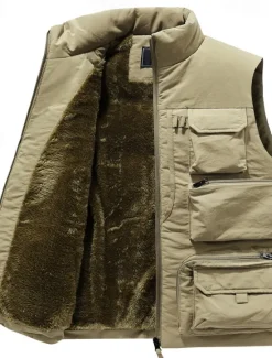 Sale OUKU Men's Fleece Vest Outdoor Vest Fishing Vest Daily Date Vacation Fashion Casual Fall & Winter Pocket Polyester Warm Comfortable Solid Color Zipper Stand Collar Regular Fit Black Khaki Gray Vest