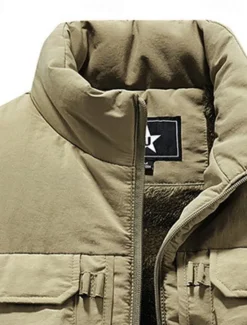 Sale OUKU Men's Fleece Vest Outdoor Vest Fishing Vest Daily Date Vacation Fashion Casual Fall & Winter Pocket Polyester Warm Comfortable Solid Color Zipper Stand Collar Regular Fit Black Khaki Gray Vest