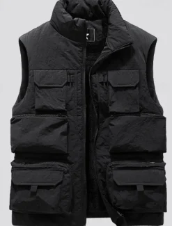 Sale OUKU Men's Fleece Vest Outdoor Vest Fishing Vest Daily Date Vacation Fashion Casual Fall & Winter Pocket Polyester Warm Comfortable Solid Color Zipper Stand Collar Regular Fit Black Khaki Gray Vest