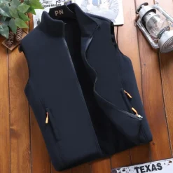 Sale OUKU Men's Fleece Vest Polar Fleece Gilet Daily Wear Going out Festival Sport Basic Fall & Winter Zipper Pocket Polyester Warm Solid Colored Zipper Standing Collar Regular Fit Light Blue Black Dark Navy