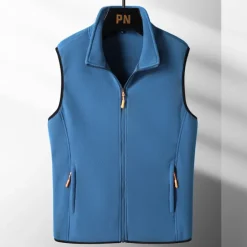 Sale OUKU Men's Fleece Vest Polar Fleece Gilet Daily Wear Going out Festival Sport Basic Fall & Winter Zipper Pocket Polyester Warm Solid Colored Zipper Standing Collar Regular Fit Light Blue Black Dark Navy