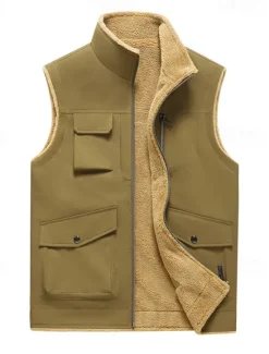 Hot OUKU Men's Fleece Vest Vest Gilet Daily Date Vacation Fashion Casual Fall & Winter Pocket Polyester Thermal Warm Comfortable Plain Zipper Stand Collar Regular Fit Black Yellow Khaki Dark Gray Vest