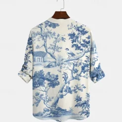 Discount OUKU Men's Floral Botanical Summer Hawaiian Shirt Aloha Shirt Long Sleeve Hawaiian Resort Vacation Casual Summer Spring V Neck Buttons Blue