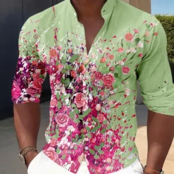 Discount OUKU Men's Floral Button Up Shirt Long Sleeve Casual Vacation Daily Summer Spring & Fall Band Collar grandad collar 3D Print White Pink Blue Sage