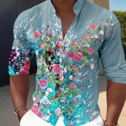 Discount OUKU Men's Floral Button Up Shirt Long Sleeve Casual Vacation Daily Summer Spring & Fall Band Collar grandad collar 3D Print White Pink Blue Sage