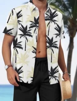 OUKU Men's Floral Coconut Palm 2pcs Shirts Sets Summer Tops Short Sleeve Short Pants Turndown Casual beach vacation Outdoor Home Casual 3D Print Summer Black White