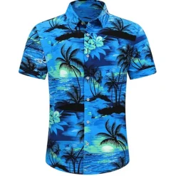 Outlet OUKU Men's Floral Coconut Tree Bus Shirt Summer Hawaiian Shirt Aloha Shirt Short Sleeves Shirt Turndown Fashion Streetwear Designer Outdoor Street Casual Black Yellow Navy Blue S M L