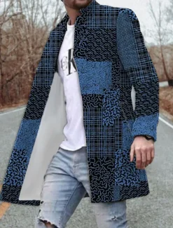 Clearance OUKU Men's Floral Color Block Graphic Prints Winter Coat Overcoat Coat Warm Breathable Comfortable Fashion Streetwear Business Work Wear to work Going out Pocket Print Fall & Winter Turndown Long Sleeve