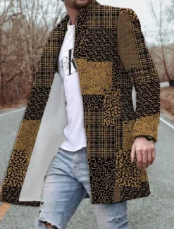 Clearance OUKU Men's Floral Color Block Graphic Prints Winter Coat Overcoat Coat Warm Breathable Comfortable Fashion Streetwear Business Work Wear to work Going out Pocket Print Fall & Winter Turndown Long Sleeve