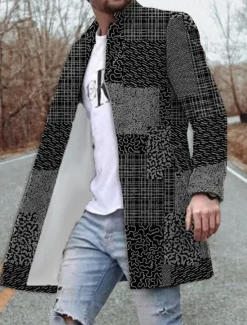 Clearance OUKU Men's Floral Color Block Graphic Prints Winter Coat Overcoat Coat Warm Breathable Comfortable Fashion Streetwear Business Work Wear to work Going out Pocket Print Fall & Winter Turndown Long Sleeve