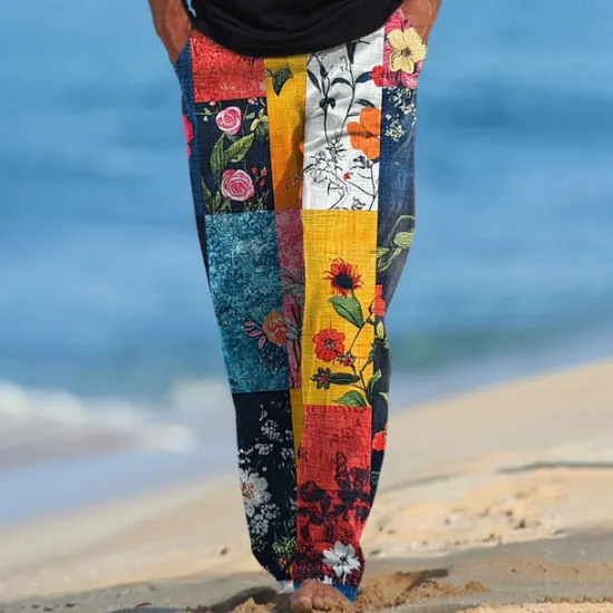 Discount OUKU Men's Floral Color Block Patchwork Trousers Casual Pants Drawstring Elastic Waist Hawaiian Ethnic Casual Outdoor Vacation Holiday Side Pockets Straight Leg Trousers Summer Spring Fall 3D Print Black