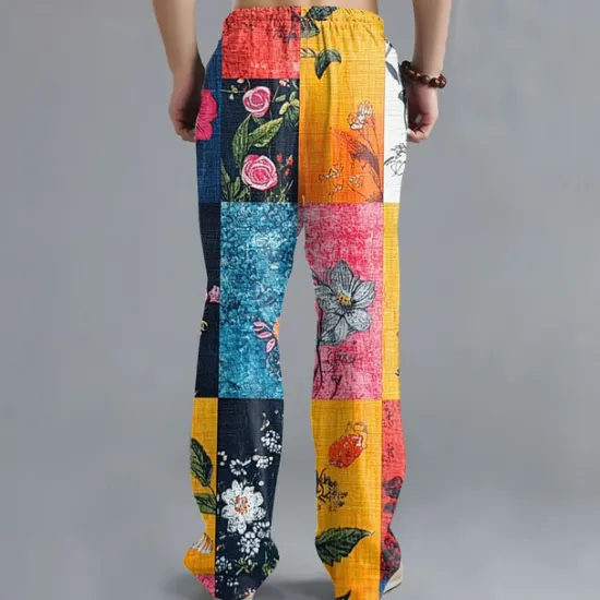 Discount OUKU Men's Floral Color Block Patchwork Trousers Casual Pants Drawstring Elastic Waist Hawaiian Ethnic Casual Outdoor Vacation Holiday Side Pockets Straight Leg Trousers Summer Spring Fall 3D Print Black