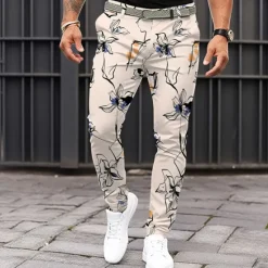 Hot OUKU Men's Floral Dress Pants Mid Waist Vintage Casual Formal Dailywear Pocket Summer Spring Fall Beige