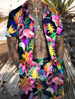 New OUKU Men's Floral Flamingo 2pcs Shirts Sets Summer Hawaiian Shirt Short Sleeve Short Pants Turndown Tropical Fashion Hawaiian Street Casual Hawaiian Print Summer Spring Black Red Orange