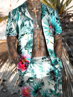 New OUKU Men's Floral Flamingo 2pcs Shirts Sets Summer Hawaiian Shirt Short Sleeve Short Pants Turndown Tropical Fashion Hawaiian Street Casual Hawaiian Print Summer Spring Black Red Orange