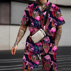 Outlet OUKU Men's Floral Flamingo Tropical 2pcs Shirts Sets Summer Hawaiian Shirt Short Sleeve Short Pants Turndown Fashion Streetwear Designer Outdoor Street Casual Print Summer Spring Black White Pink