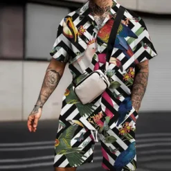 Outlet OUKU Men's Floral Flamingo Tropical 2pcs Shirts Sets Summer Hawaiian Shirt Short Sleeve Short Pants Turndown Fashion Streetwear Designer Outdoor Street Casual Print Summer Spring Black White Pink
