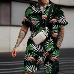 Outlet OUKU Men's Floral Flamingo Tropical 2pcs Shirts Sets Summer Hawaiian Shirt Short Sleeve Short Pants Turndown Fashion Streetwear Designer Outdoor Street Casual Print Summer Spring Black White Pink