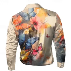 Sale OUKU Men's Floral Flower Satin Shirt Dress Shirt Button Up Shirt Long Sleeve Fashion Casual Vacation Evening Party Wedding Party Summer Spring Turndown Collared Shirts 3D Print Khaki