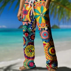 Hot OUKU Men's Floral Geometric Pattern Trousers Casual Pants Mid Waist Drawstring Elastic Waist Hawaiian Outdoor Vacation Holiday Straight Leg Trousers Summer Spring Fall 3D Print Yellow Red Green