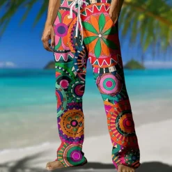 Hot OUKU Men's Floral Geometric Pattern Trousers Casual Pants Mid Waist Drawstring Elastic Waist Hawaiian Outdoor Vacation Holiday Straight Leg Trousers Summer Spring Fall 3D Print Yellow Red Green