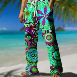 Hot OUKU Men's Floral Geometric Pattern Trousers Casual Pants Mid Waist Drawstring Elastic Waist Hawaiian Outdoor Vacation Holiday Straight Leg Trousers Summer Spring Fall 3D Print Yellow Red Green