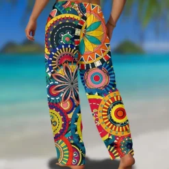 Hot OUKU Men's Floral Geometric Pattern Trousers Casual Pants Mid Waist Drawstring Elastic Waist Hawaiian Outdoor Vacation Holiday Straight Leg Trousers Summer Spring Fall 3D Print Yellow Red Green