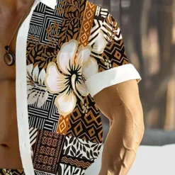 Hot OUKU Men's Floral Geometric Pattern Ethnic 2pcs Shirts Sets Summer Hawaiian Shirt Short Sleeve Short Pants Turndown Vacation Hawaiian Outdoor Hawaiian Holiday Buttons Pocket Print Summer All Seasons