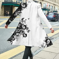 Sale OUKU Men's Floral Graphic Prints Winter Coat Overcoat Coat Warm Breathable Comfortable Fashion Streetwear Business Work Wear to work Going out Pocket Print Fall & Winter Turndown Long Sleeve Black White