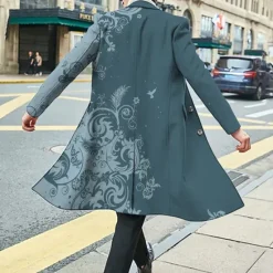 Sale OUKU Men's Floral Graphic Prints Winter Coat Overcoat Coat Warm Breathable Comfortable Fashion Streetwear Business Work Wear to work Going out Pocket Print Fall & Winter Turndown Long Sleeve Black White