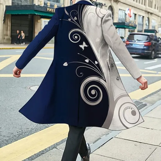 New OUKU Men's Floral Graphic Prints Winter Coat Overcoat Coat Warm Breathable Comfortable Fashion Streetwear Business Work Wear to work Going out Pocket Print Fall & Winter Turndown Long Sleeve Black Wine