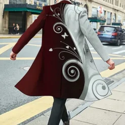 New OUKU Men's Floral Graphic Prints Winter Coat Overcoat Coat Warm Breathable Comfortable Fashion Streetwear Business Work Wear to work Going out Pocket Print Fall & Winter Turndown Long Sleeve Black Wine