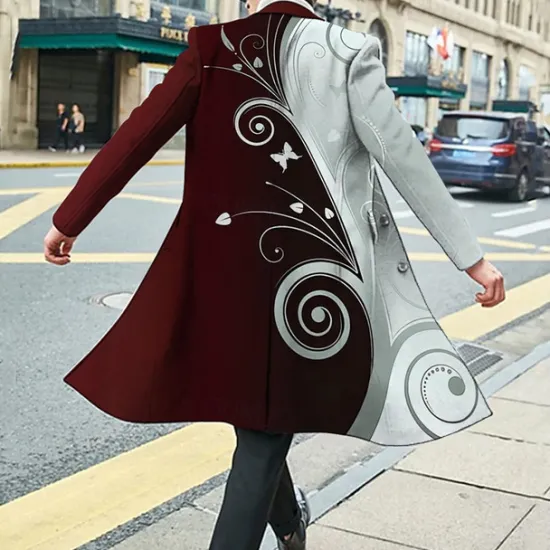 New OUKU Men's Floral Graphic Prints Winter Coat Overcoat Coat Warm Breathable Comfortable Fashion Streetwear Business Work Wear to work Going out Pocket Print Fall & Winter Turndown Long Sleeve Black Wine