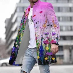 Online OUKU Men's Floral Graphic Prints Winter Coat Overcoat Coat Warm Breathable Comfortable Fashion Streetwear Business Work Wear to work Going out Pocket Print Fall & Winter Turndown Long Sleeve Yellow Purple