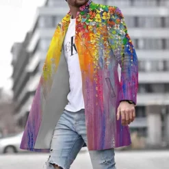 Online OUKU Men's Floral Graphic Prints Winter Coat Overcoat Coat Warm Breathable Comfortable Fashion Streetwear Business Work Wear to work Going out Pocket Print Fall & Winter Turndown Long Sleeve Yellow Purple