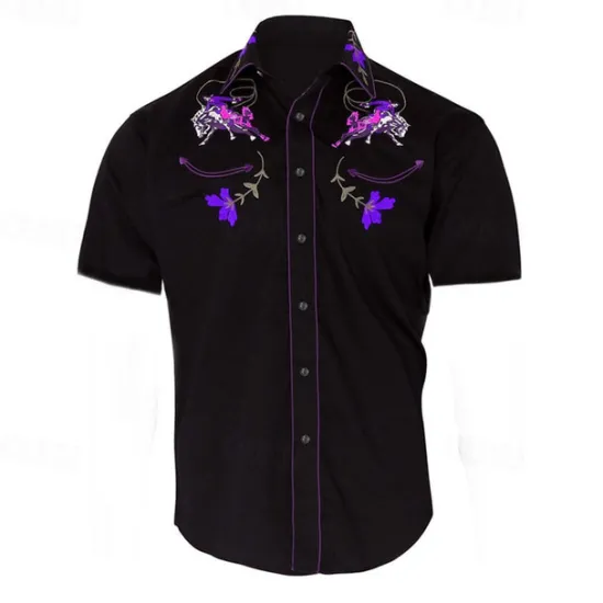 Sale OUKU Men's Floral Graphic Prints Shirt Western Shirt Cowboy Shirt Short Sleeve Fashion Streetwear Designer Outdoor Street Daily Summer Spring Turndown Print Black Yellow Blue Purple Gray