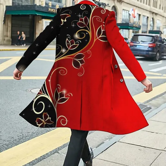 Online OUKU Men's Floral Graphic Prints Winter Coat Overcoat Coat Warm Breathable Comfortable Fashion Streetwear Business Work Wear to work Going out Pocket Print Fall & Winter Turndown Long Sleeve Red Gold Gray