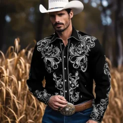 Best OUKU Men's Floral Graphic Prints Leaves Shirt Western Shirt Long Sleeve Shirt Turndown Outdoor Street Black Red Navy Blue Print Button-Down Clothing Apparel Fashion Streetwear Designer Western Style