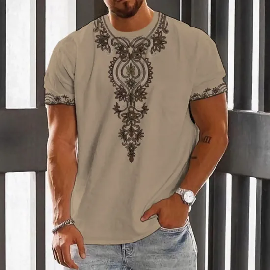Clearance OUKU Men's Floral Graphic T Shirt Short Sleeve T shirt 3D Print Crew Neck Shirt Fashion Designer Ethnic Outdoor Daily Sports White Blue Brown Spring & Summer Clothing Apparel S M L XL 2XL 3XL