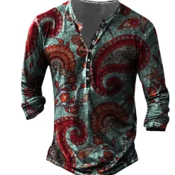 Outlet OUKU Men's Floral Graphic Tribal T shirt Henley Shirt Tee Long Sleeve 3D Print Designer Basic Classic Outdoor Daily Sports Spring & Summer Henley Henley T-Shirt Red