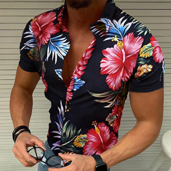 Discount OUKU Men's Floral Graphic Tropical Flowers Shirt Summer Hawaiian Shirt Aloha Shirt Short Sleeve Shirt Turndown Designer Casual Outdoor Party Casual Black / Red Blue Purple S M L