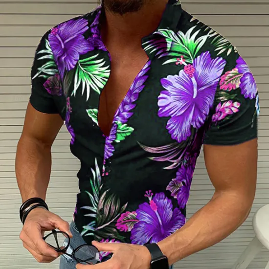 Discount OUKU Men's Floral Graphic Tropical Flowers Shirt Summer Hawaiian Shirt Aloha Shirt Short Sleeve Shirt Turndown Designer Casual Outdoor Party Casual Black / Red Blue Purple S M L