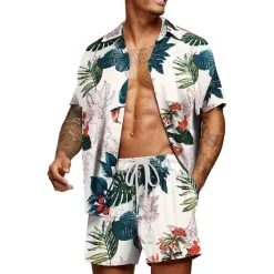 Clearance OUKU Men's Floral Graphic Tropical Flowers 2pcs Shirts Sets Summer Hawaiian Shirt Short Sleeve Short Pants Turndown Designer Beach Vacation Casual Daily 3D Summer Silver Red / White Green / Black